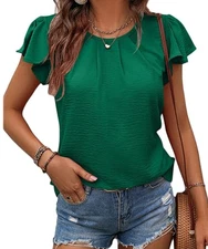 NEW Shewin Women's Round Neck Pleated Ruffle Short Sleeve Top Green Size Large