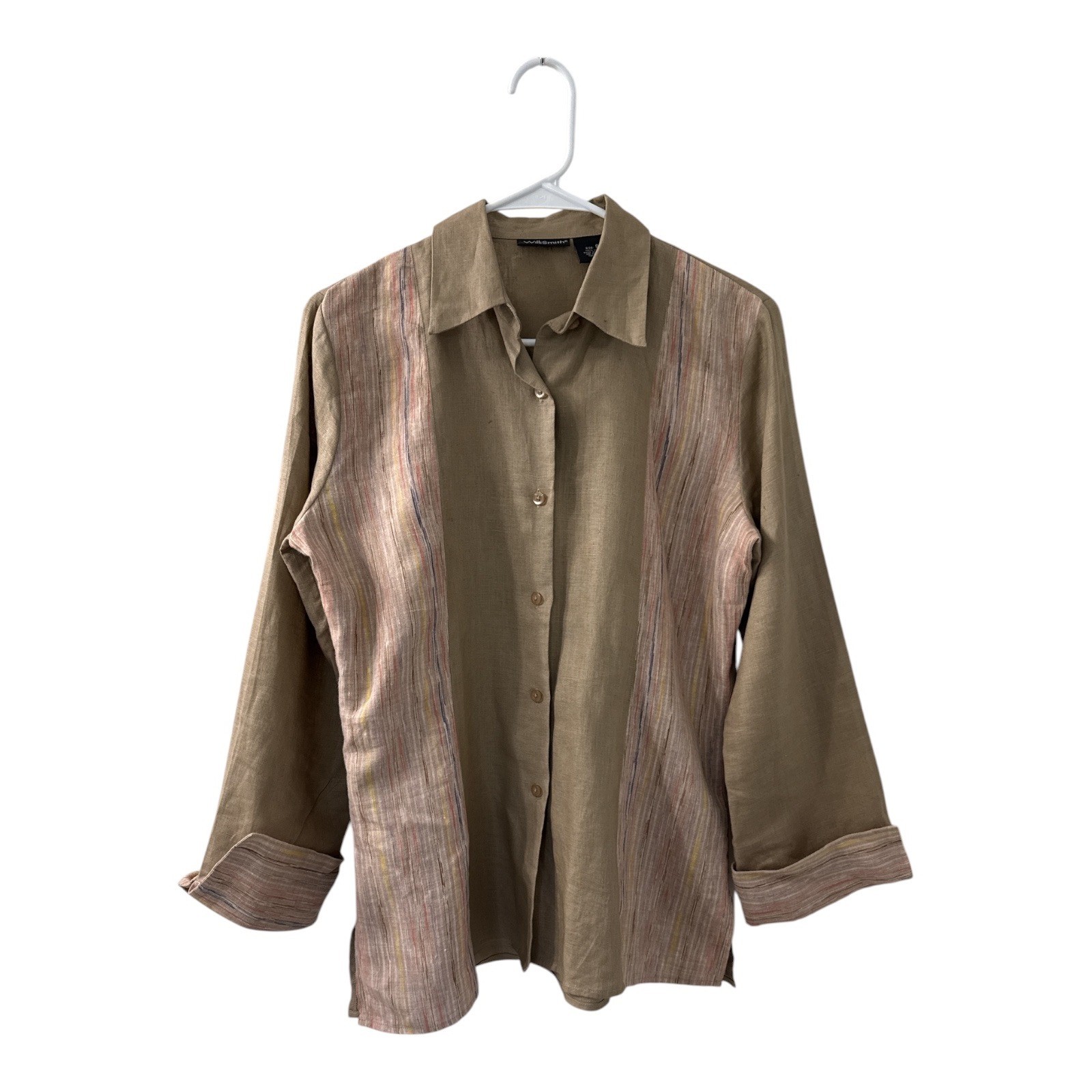 Willi Smith Womens 100percent Linen 2 Piece Set Tan Striped Shirt Maxi Skirt Size 6 image 2