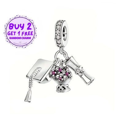 Graduation Cap, Scroll And Flower Charm For Bracelet, Graduation Gift Charm
