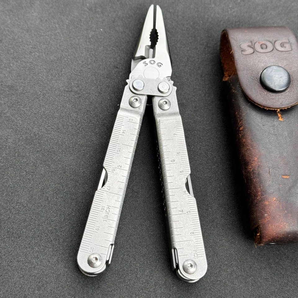 SOG Power Plier Silver Multitool Stainless Steel w/ Original Leather Case  - Image 4 of 4