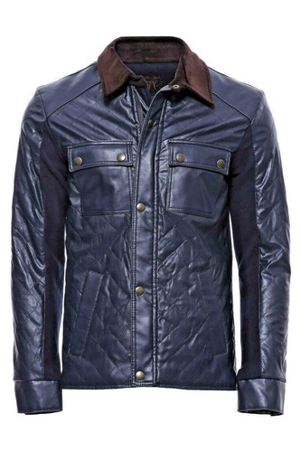 QUILTED LEATHER COAT WITH NAVY BLUE CORD COLLAR - Picture 6 of 6