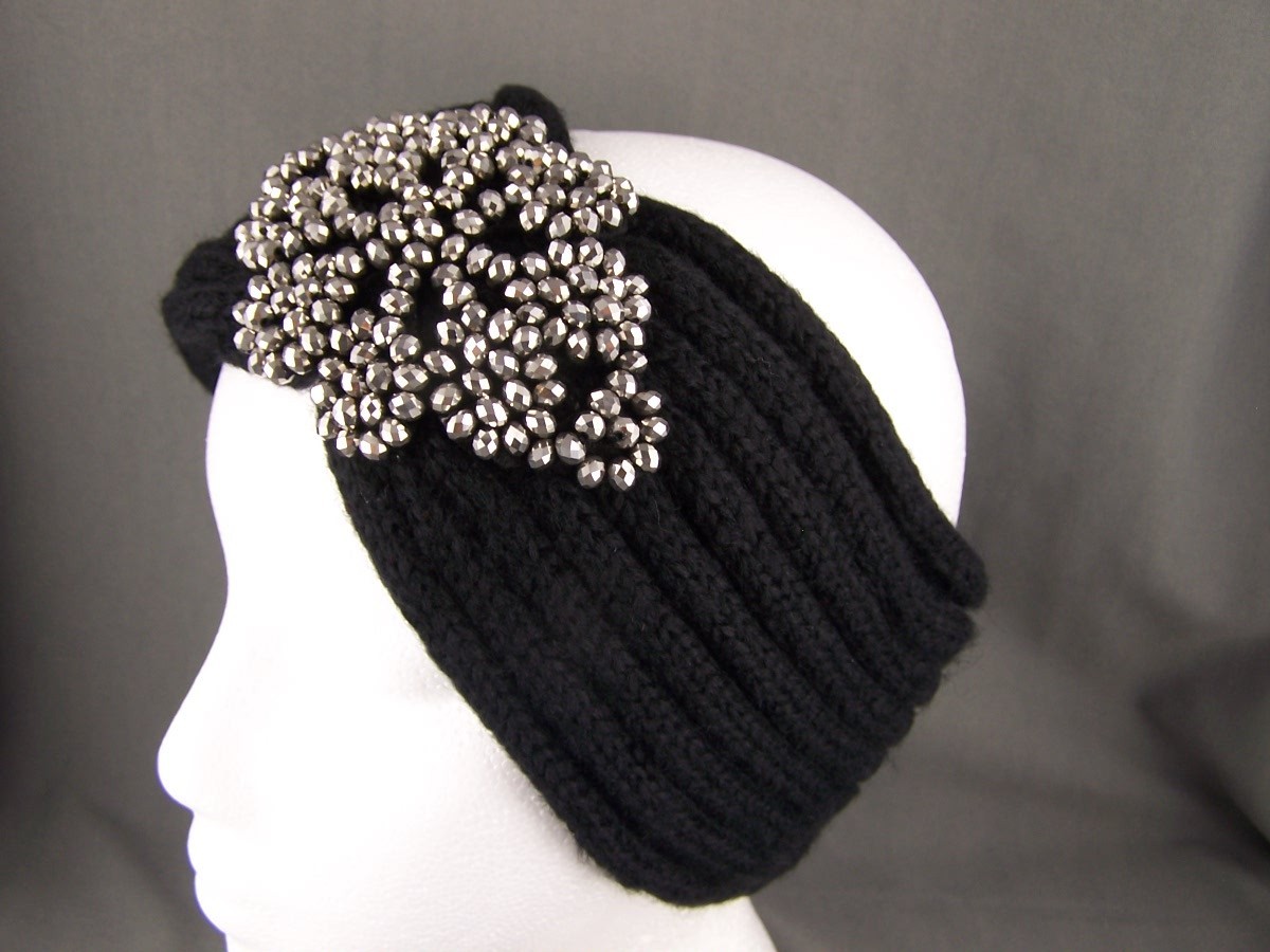 Black beaded winter headband Twine and Love | Hand Beaded Bow Knot Headband | Black  main image 4