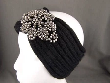 Black sparkly beaded turban style crochet ear warmer muff head band wrap knit