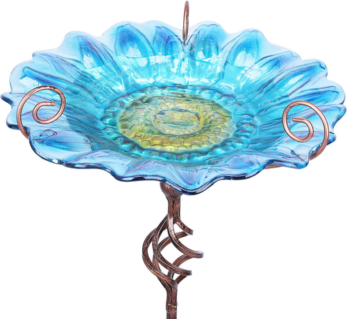 Glass Bird Bath Outdoor with Stake Garden Feeder Blue 31 Inch for Yard Decor