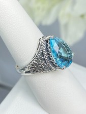 Art Deco Simulated Aquamarine Teardrop Filigree Sterling Silver Ring D222