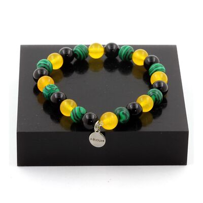Bracelet Perles En Agate Jaune, Malachite Et Agate Noire 8 Mm - Fabriqué En France - Neuf Avec étiquettes