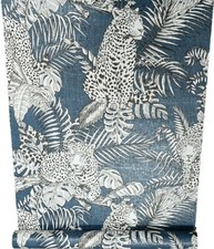 Mamboa Tropical Palm Leopard Blue Exotic Jungle Linen Effect Feature Wallpaper