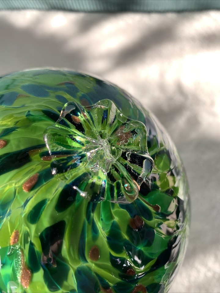 Art Glass Handblown Iridescent Green Gold Orb Decorative Ball Hollow