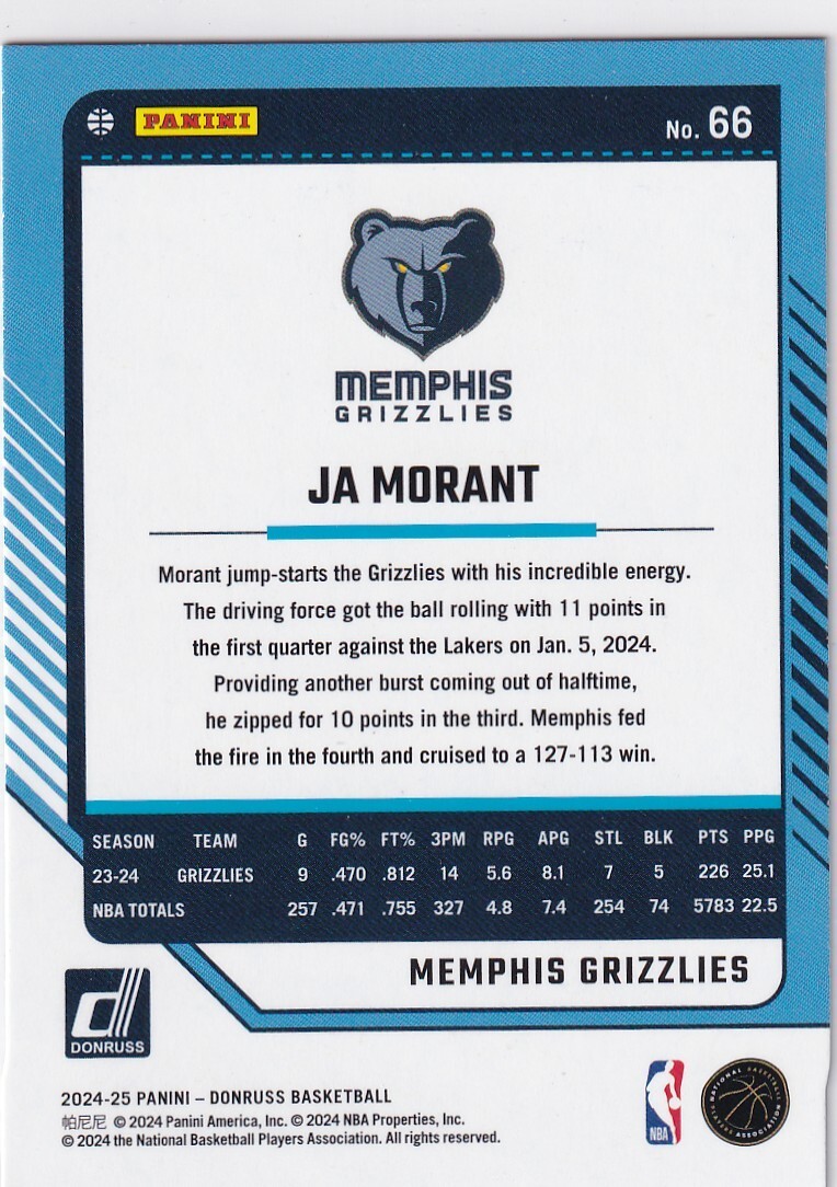 2024-25 Panini Donruss - Ja Morant #66 Holo Green Laser | eBay
