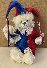 Handmade 12” Teddy Bear White Mohair Fully Jointed Court Jester Vintage Red Blue