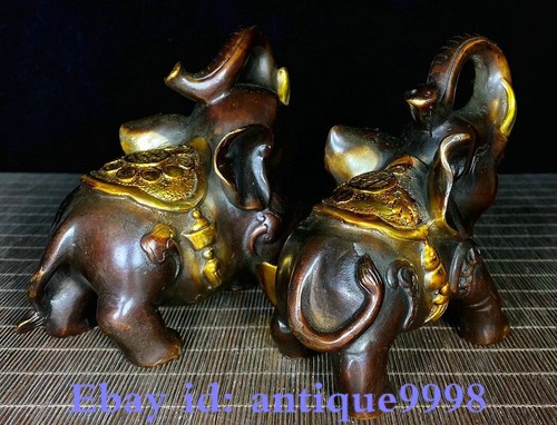 5.3" Old Pure Bronze Gilt Animal Feng Shui Elephant Yuanbao gourd Statue Pair - Picture 7 of 9