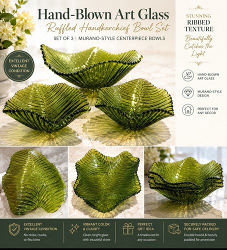 MCM Murano Style Art Glass Ruffled Bowls Green Ribbed Wave Hand Blown Set of 3