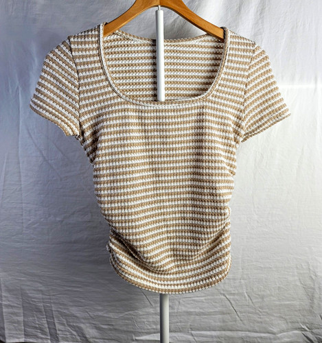 SHEIN Women’s S Beige White Striped Textured Knit Scoop Neck Short Sleeve Tee