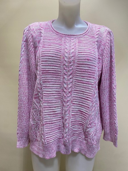 Brockmans Women’s Pink/White Striped Cable Knit Crew Neck Jumper Long Sleeve XL