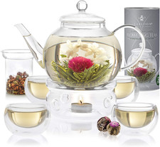 Elegant Complete Tea Set with Glass Teapot, Infuser, Cups Flowering Teas