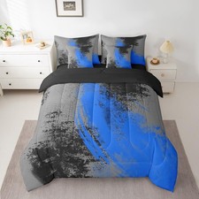 Blue Grey Black 7 Piece Bedding Set Queen Size Kids Abstract Bed Set Includes...