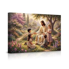 Jesus with Children Wall Art Canvas Inspiring Religious Scene Poster for Home