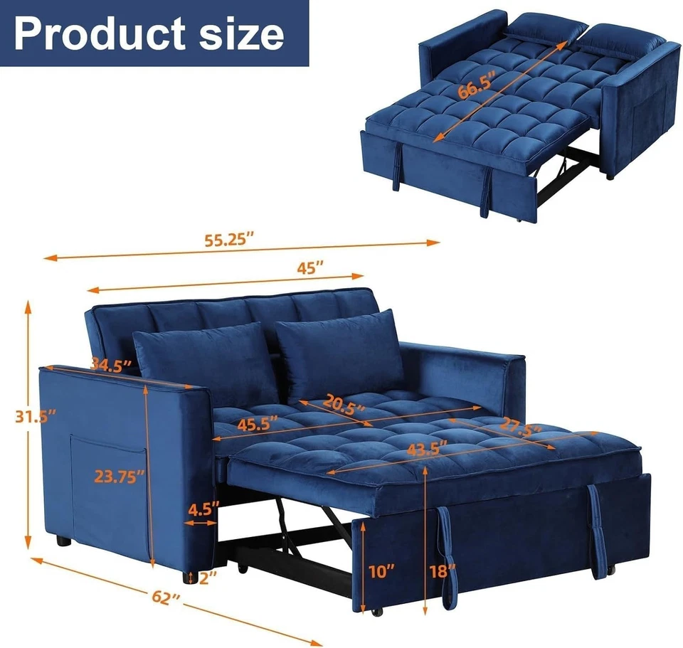3 in 1 Convertible Sleeper Sofa Bed, Modern Velvet Loveseat Couch Pullout Bed - Image 2 of 4