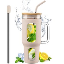 Glass Tumbler with Lid and Straw, 46 oz Iced Coffee Cup with Handle, Large Wa...