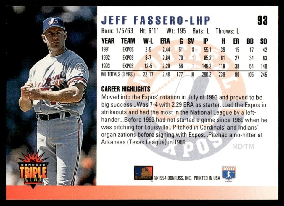 1994 Triple Play Jeff Fassero Montreal Expos #93 - Image 2 of 2