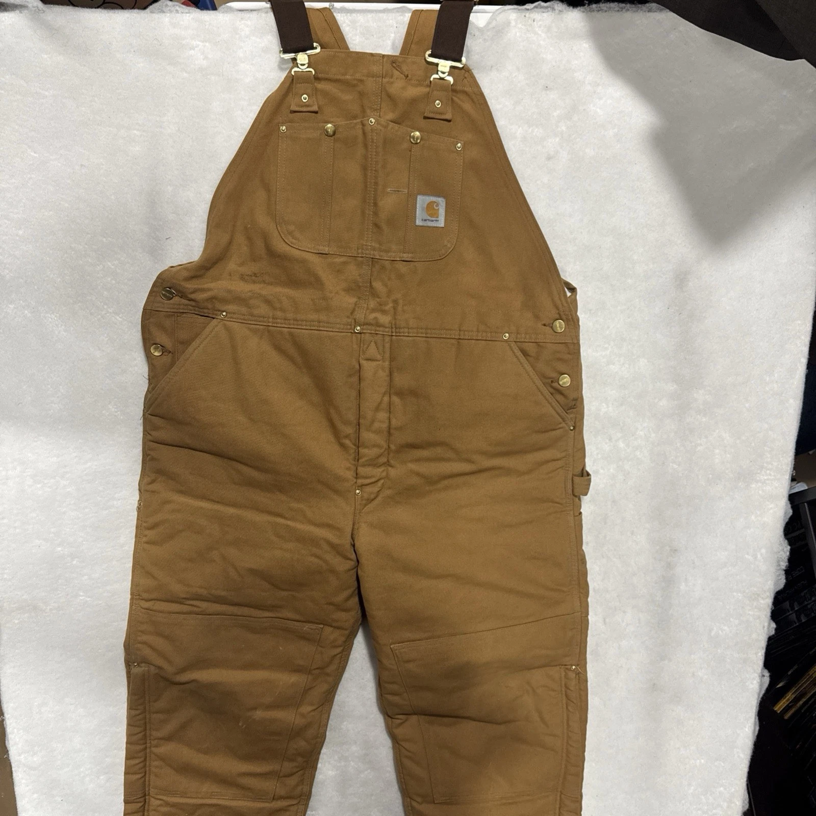 VTG Carhartt Mens Overalls Brown 44x30 Double Knee Duck Canvas Insulated Bib