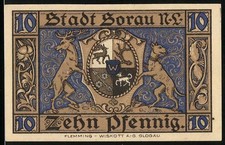 Notgeld Sorau n. L. 1921, 10 Pfennig, Die drei Getreuen, Wappen 