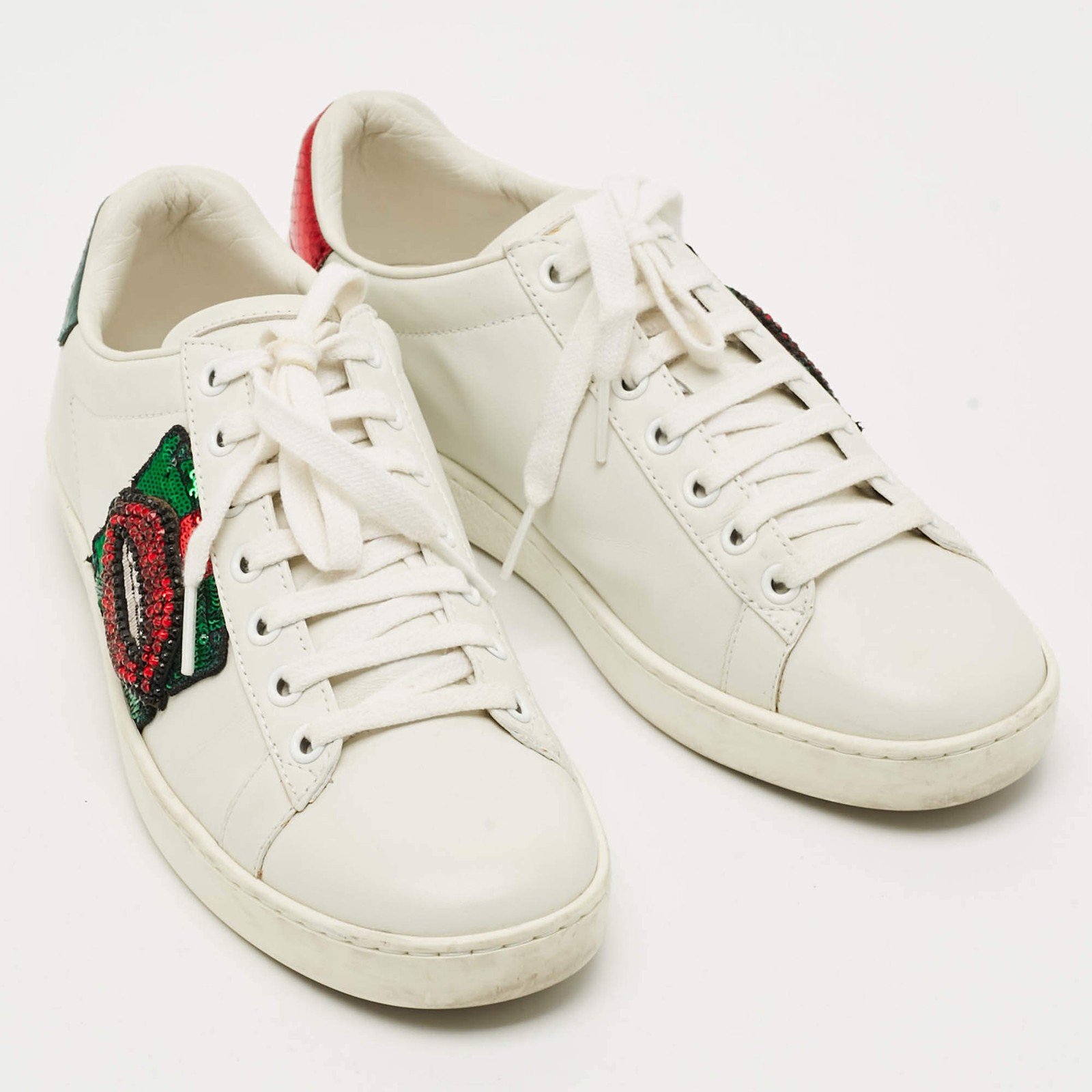 Gucci Ace Size 37 White Leather Python Embossed W… - image 4