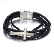 Men's Black Braided Leather Cross Bangle Bracelet Stainless Steel Cuff Wristband