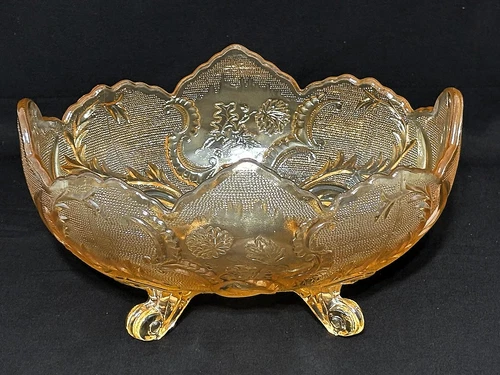 Jeannette Glass Lombardi Iridescent Marigold Vintage Footed Oval Bowl