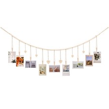 Hanging Photo Display with Clips, 9 Wood Clips, Boho Picture Frames Collage W