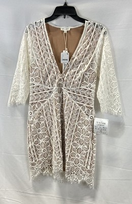 For Love & Lemons for Free People Womens White Lace Bell Sleeve Mini Dress L NWT