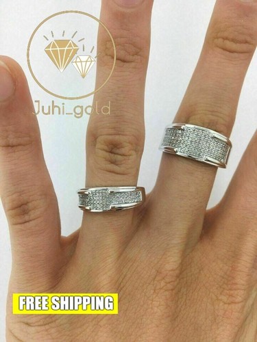 Set Anelli Trio Matrimonio Trio Placcato Oro Bianco 14K 4Ct Diamanti Rotondi Simulati - Foto 6 di 10