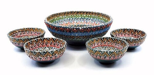 Handmade Turkish Ceramic Pottery Set of 5 Serving Bowls 6" and 3" - Picture 2 of 2