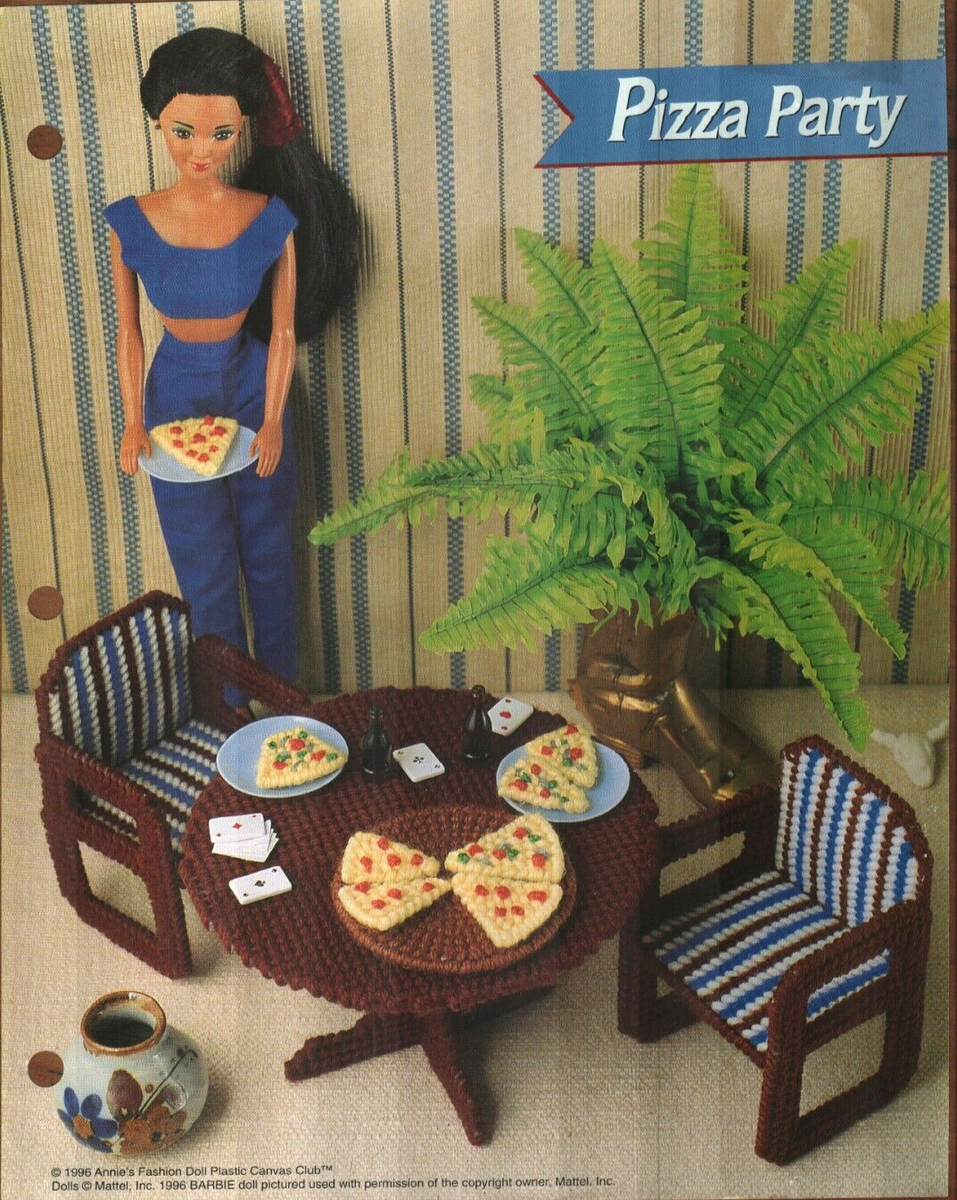 NEW PIZZA PARTY TABLE FASHION DOLL ANNIE'S PLASTIC CANVAS PATTERN