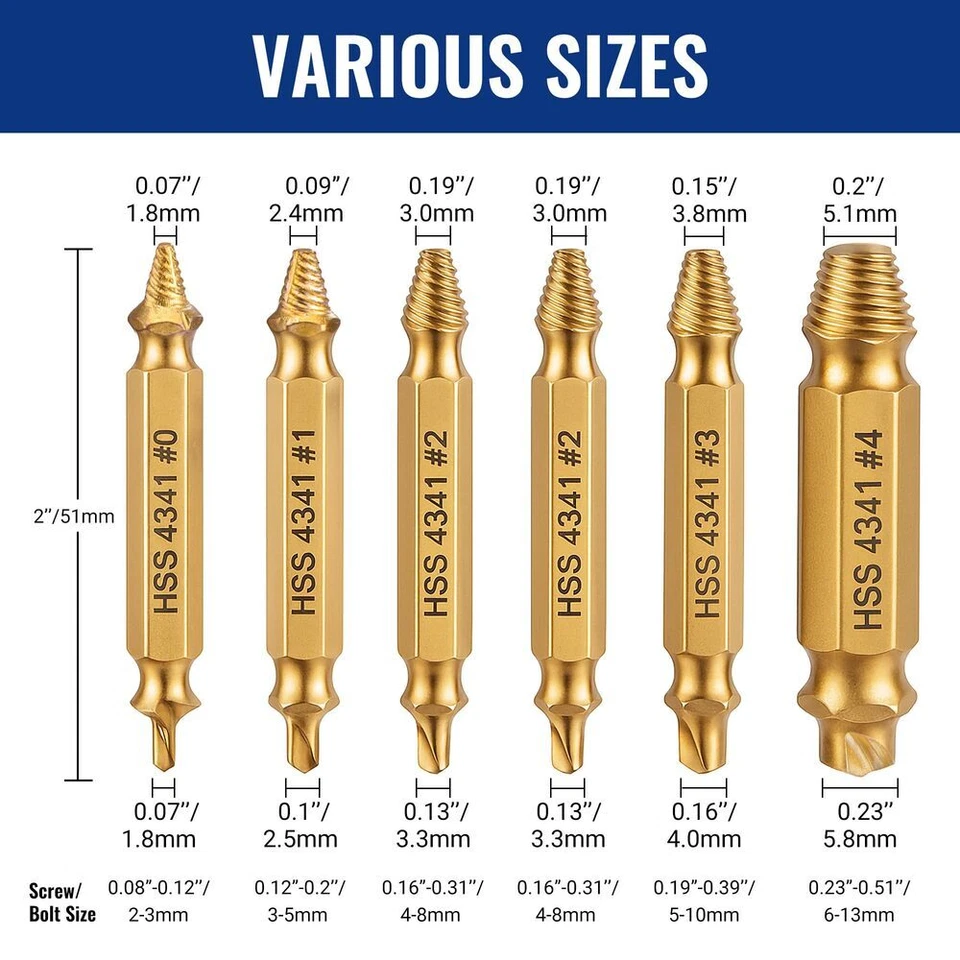 WORKPRO 6 PIEZAS Juego de Extractores de Tornillos Ez Out Brocas Inversas de Tornillo y Tornillo Rotos Foto 2 de 4