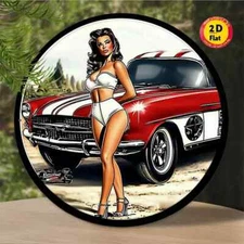 SEXY WOMAN Aluminum Round Weatherproof Sign RETRO  GARAGE MAN CAVE GASOLINE