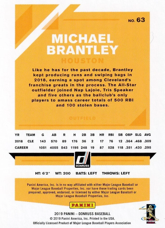 2019 DONRUSS PINK HOLO MICHAEL BRANTLEY HOUSTON ASTROS PARALLELS - P6756 - Image 2 of 2