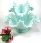 FENTON Epergne Hobnail Mint Green Glass Three Horns 6-1/2" tall x 8" Dia.