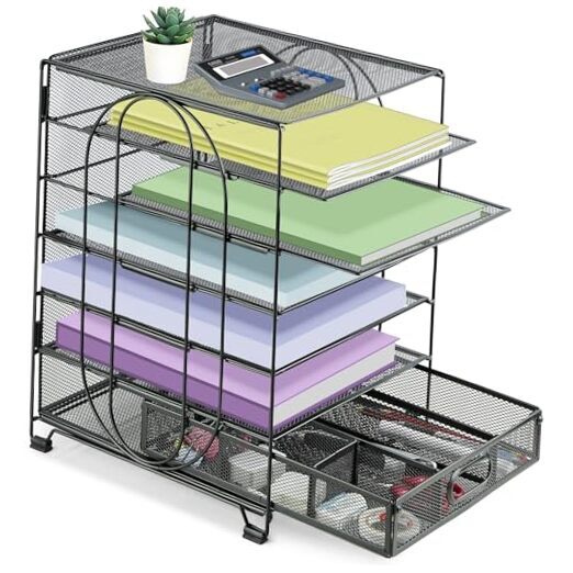 6-Tier Metal Mesh Desk Organizer with Drawer for Files and Letters-image