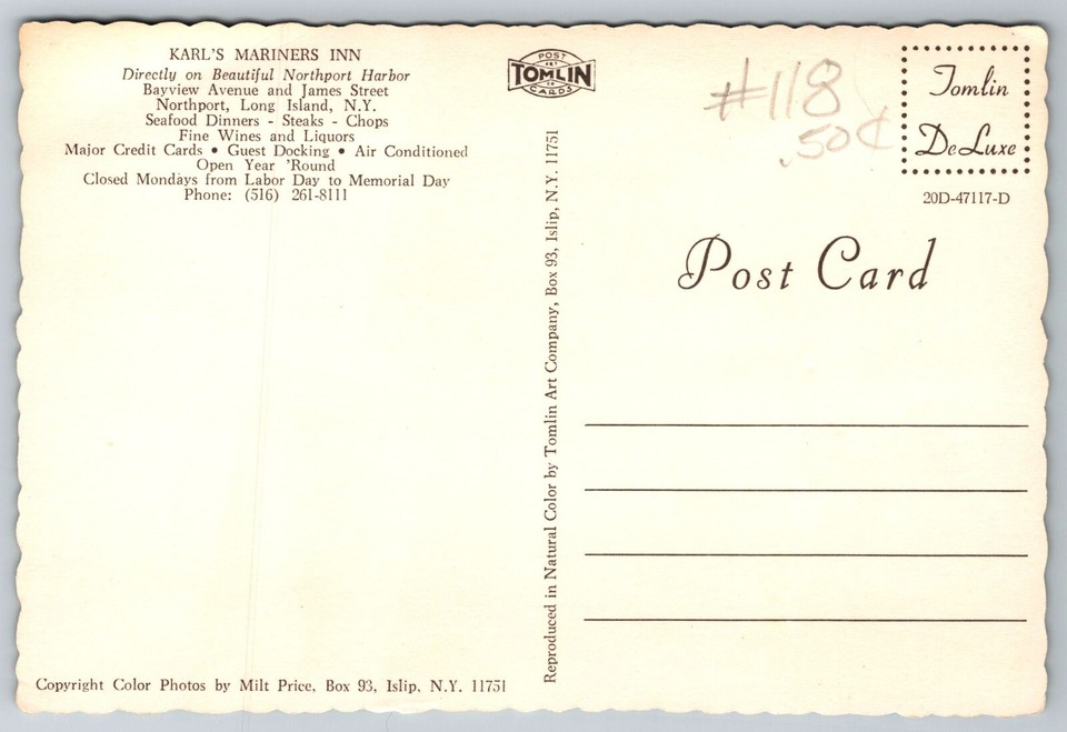 Postcard Continental Karl's Mariners Inn Hotel Long Island NY New York