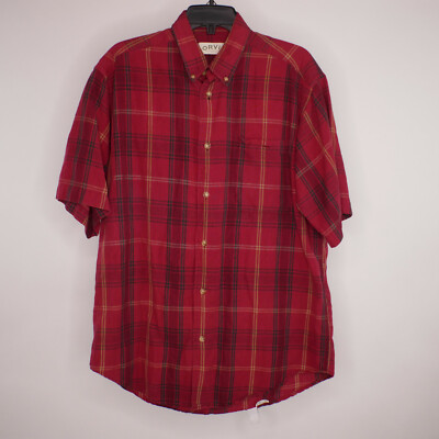Orvis M Linen Cotton Blend Shirt Plaid Red Short Sleeve Button Front  Western