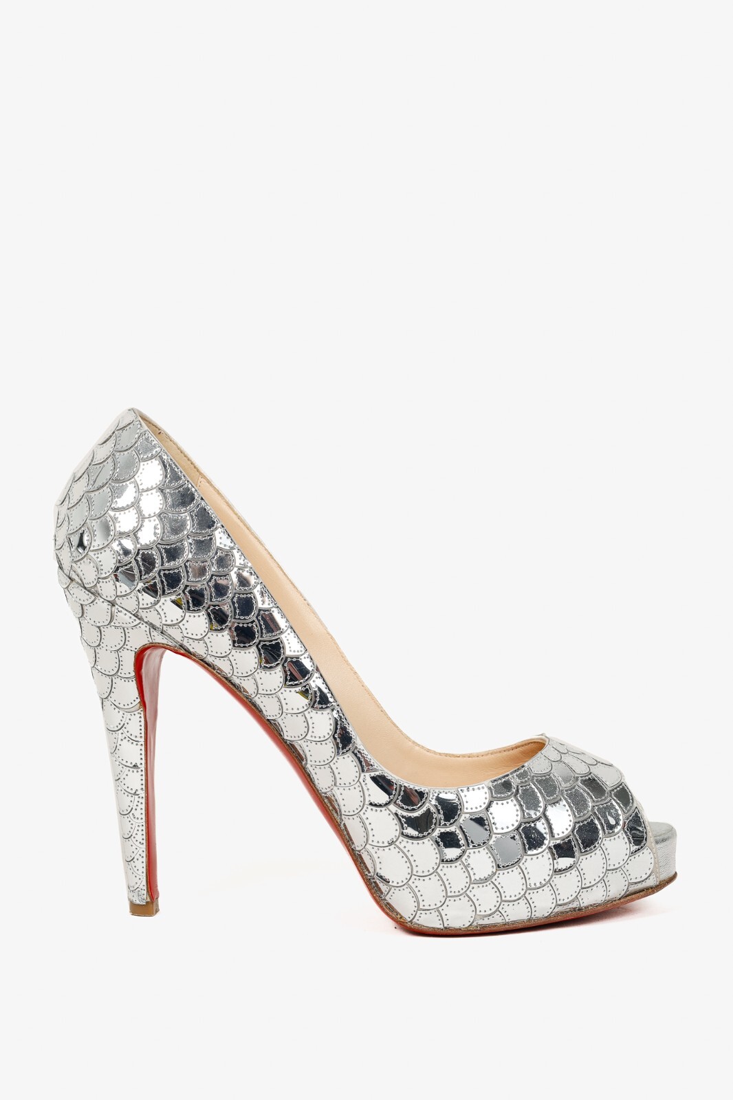 Christian Louboutin Poseidon 120 Crepe Silver Scale Peep-Toe Platform Pump, Sz 9