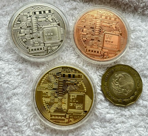 MEDAL 1 OZ BIT COIN 3 COPPER MEDAL WHITE GOLD COPPER 39 MM MINT MODERN 3 PC - Picture 4 of 4