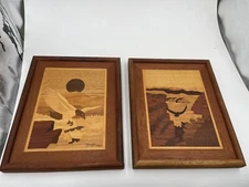 Vintage 1980's Wood Inlay Marquetry Handcrafted Pictures eagles lot of 2