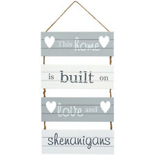 /'This Home is Built on Love and Shenanigans/' Hanging Slatted Sign