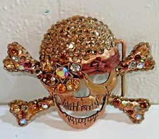 Vtg Heavy Skull Crossbones Rock Rebel Pirate Yellow Crystal Enamel Belt Buckle