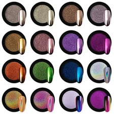 16 Jars Chrome Nail Powder Metallic Mirror Effect Holographic Aurora Chameleon