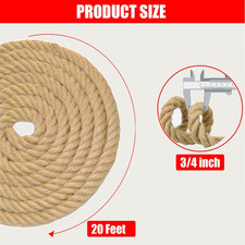 Twisted Jute Rope 3/4 in x 20 ft Natural Thick Hemp Rope for DIY Crafts, Ra...