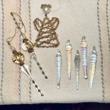 Vintage Glass Icicle Ornament Set Angel  Bell Mid Century Christmas