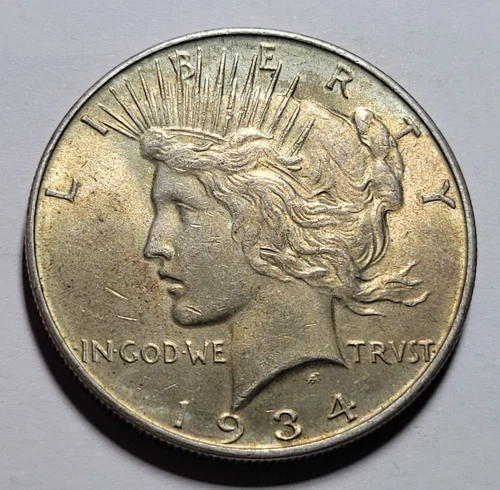 1934-D PEACE Liberty $1 Dollar Silver Coin ~Key Date ~Hi Grade AU/BU ~Gold Toned